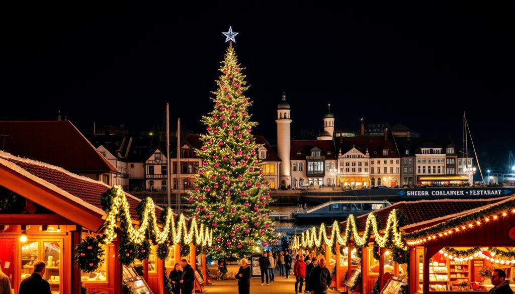 A vibrant and festive holiday scene set against the picturesque harbor of Lindau. The foreground features a bustling Christmas market, with rows of charming wooden stalls adorned with twinkling lights and garlands. In the middle ground, a grand Christmas tree stands tall, its branches laden with ornaments and sparkling with LED lights. In the background, the historic architecture of Lindau's old town frames the scene, with the iconic lighthouse and harbor promenade visible in the distance. The lighting is warm and golden, creating a cozy and inviting atmosphere. The overall composition captures the essence of the Lindau Harbor Christmas, showcasing its scenic location and the lively celebration of the holiday season.