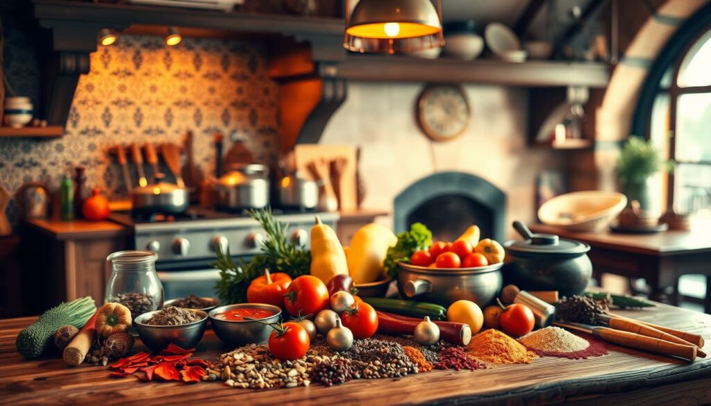 A vibrant and inviting scene of a traditional Turkish kitchen, showcasing the rich culinary heritage of the country. In the foreground, an array of fragrant spices, fresh produce, and essential cooking tools are arranged artfully on a wooden table, hinting at the flavorful dishes to come. The middle ground features a stove with simmering pots, emitting enticing aromas, while the background reveals the warm, earthy tones of the room's architectural details, such as intricate tilework and a cozy fireplace. Soft, golden lighting casts a welcoming glow, creating an atmosphere of comfort and cultural authenticity. The overall composition conveys a sense of tradition, creativity, and the joyful exploration of Turkish culinary delights.