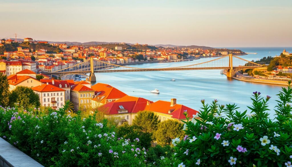 A vibrant cityscape of Porto in March, with the iconic Dom Luís I Bridge spanning the Douro River. In the foreground, lush greenery and blooming flowers adorn the riverside promenade, while in the middle ground, charming terracotta-roofed buildings bask in the warm, golden light of the afternoon sun. The background is dominated by the rolling hills and the Atlantic Ocean, creating a picturesque and tranquil scene. The image conveys a sense of mild, temperate weather, with a soft, diffused lighting that enhances the natural beauty of the city. Shot with a wide-angle lens to capture the expansive vista, the overall composition evokes the essence of Porto's inviting climate during the month of March.
