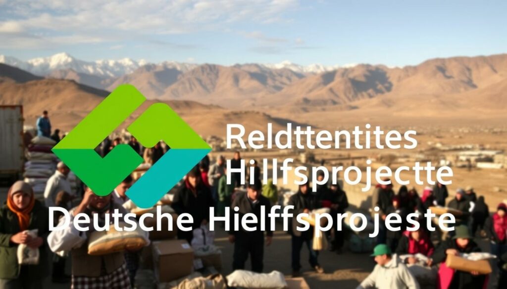 A vibrant, high-resolution image of the "Deutsche Hilfsprojekte GIZ" logo against a backdrop of a bustling, humanitarian aid scene in Afghanistan. In the foreground, the iconic three-chevron logo stands proudly, its colors bold and distinct. In the middle ground, aid workers diligently distribute food, water, and medical supplies to local residents, their faces determined yet compassionate. In the background, a panoramic view of the Afghan landscape, with snow-capped mountains and a warm, golden hue cast by the sun. The overall mood is one of hope, resilience, and the unwavering commitment of the German development agency to support the people of Afghanistan during challenging times.