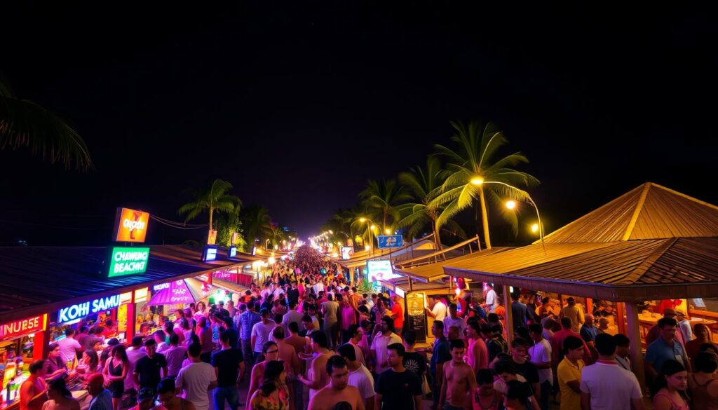 A vibrant night scene in Koh Samui, Thailand. The bustling Chaweng Beach Road is illuminated by neon lights and street lamps, casting a warm glow over the lively crowd. In the foreground, people spill out of colorful bars and clubs, music pulsing through the air. Rows of open-air restaurants and beachside bars line the street, their bamboo and thatched roofs creating a tropical ambiance. Further back, palm trees sway gently in the breeze, silhouetted against a starry night sky. The scene is filled with the energy and excitement of a Koh Samui nightlife, inviting the viewer to immerse themselves in the pulsing heart of this island paradise.