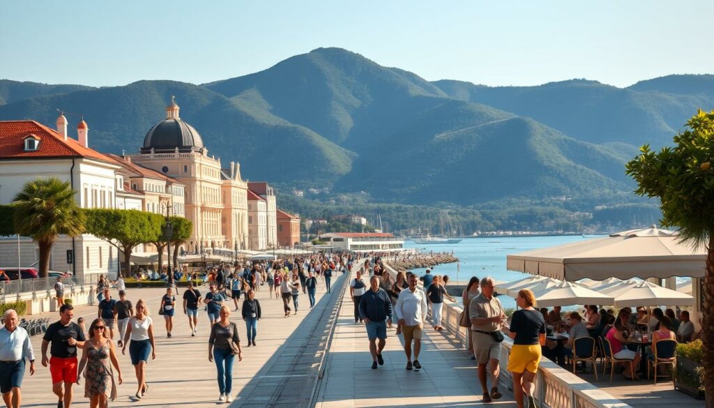 A vibrant seaside promenade in Opatija, Croatia, bathed in warm afternoon sunlight. In the foreground, people stroll along the picturesque walkway, pausing to admire the views of the Adriatic Sea and the elegant historic buildings that line the shore. In the middle ground, a lively outdoor café bustles with locals and tourists enjoying coffee, wine, and conversation. In the background, the rolling green hills of the Kvarner region rise up, creating a serene and picturesque backdrop. The atmosphere is one of relaxation and joie de vivre, capturing the essence of Opatija's timeless charm and appeal as a popular tourist destination.
