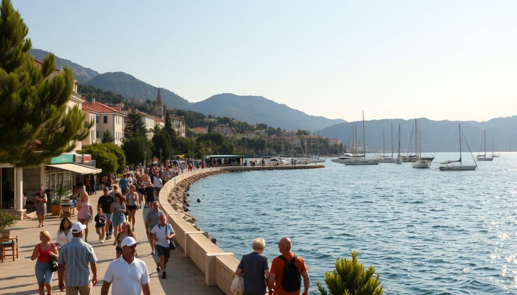 A vibrant seaside town nestled along the Dalmatian Coast, Makarska comes alive with a variety of captivating activities and excursions. In the foreground, visitors stroll along the bustling promenade, soaking in the warm Mediterranean atmosphere and browsing the charming shops and cafes. In the middle ground, a group of adventurous hikers make their way up the nearby Biokovo mountains, taking in the breathtaking panoramic views of the Adriatic Sea. In the background, a fleet of sailboats and yachts glide across the glistening waters, offering opportunities for leisurely cruises and water sports. The scene is bathed in the golden glow of the sun, creating a sense of relaxation and wonder. This image captures the essence of the vibrant activities and natural beauty that await visitors to the enchanting town of Makarska.