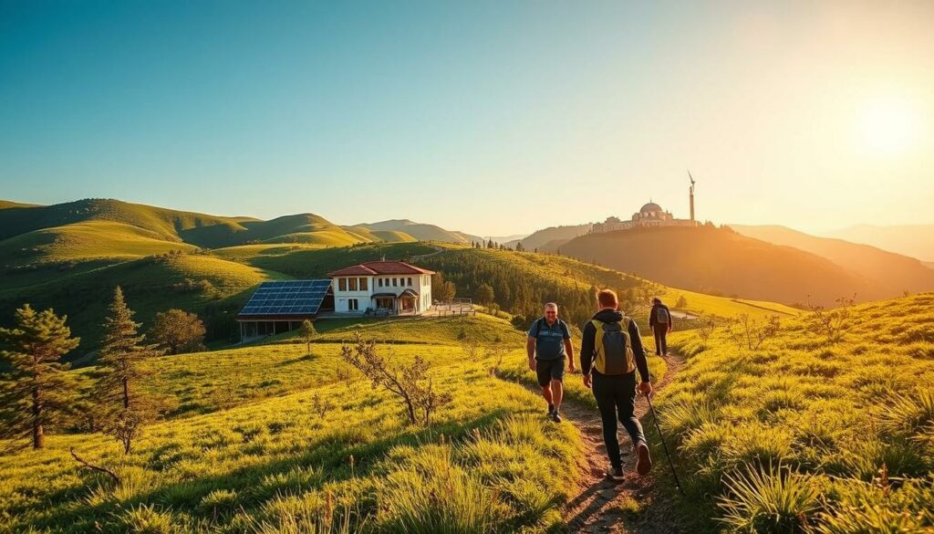 A vibrant, sun-drenched landscape showcasing sustainable tourism in Turkey. In the foreground, a group of hikers exploring a lush, well-maintained nature trail, their footsteps light and respectful of the environment. In the middle ground, a small, eco-friendly hotel nestled among rolling hills, with solar panels and a wind turbine harnessing the region's abundant renewable energy. In the background, the iconic silhouette of a historic Ottoman-era landmark, a testament to Turkey's rich cultural heritage. The scene is bathed in warm, golden light, creating a sense of harmony and balance between human activity and the natural world.