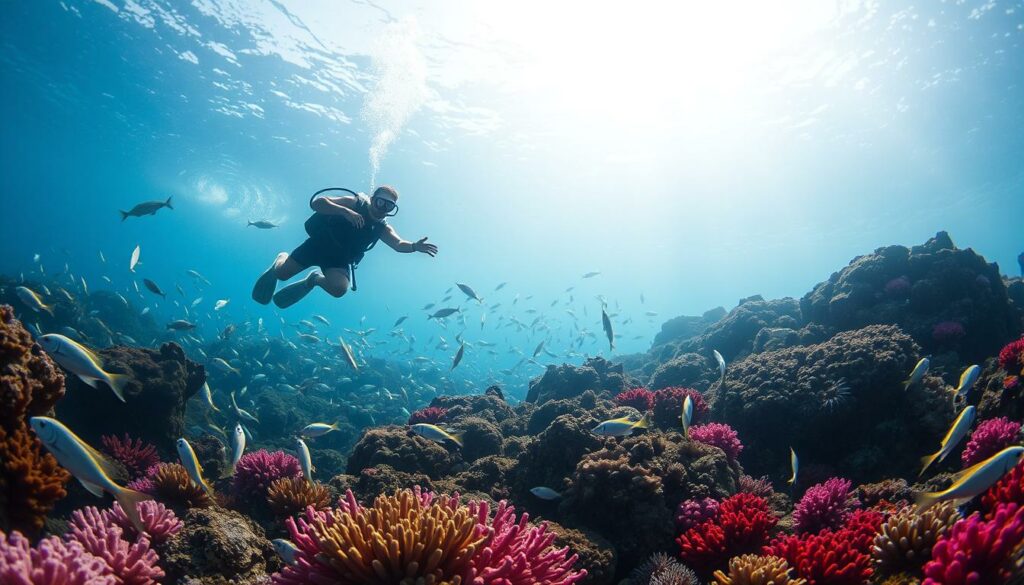 A vibrant underwater scene of Koh Phayam, Thailand. In the foreground, a diver gracefully explores the rich coral reef, surrounded by a kaleidoscope of tropical fish in shimmering blues, greens, and reds. The middle ground reveals a school of silvery barracuda gliding through the crystalline waters, while in the distance, sunlight filters through the surface, creating a mesmerizing play of light and shadow. The composition is balanced, with the diver's dynamic pose contrasting the serene, tranquil atmosphere. The scene is captured with a wide-angle lens, emphasizing the depth and vastness of the underwater world. The overall mood is one of wonder, adventure, and the pure joy of exploring the vibrant marine life of Koh Phayam.