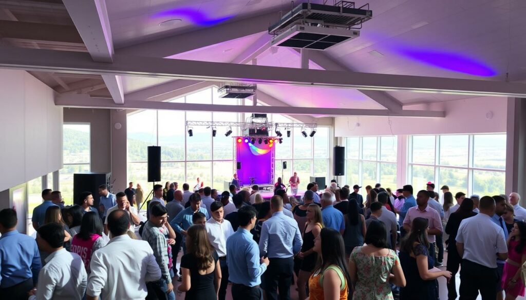 A vibrant, well-lit indoor event space with a modern, open-concept design. The foreground features a group of people mingling and socializing, dressed in a variety of casual and formal attire. In the middle ground, there is a stage or performance area with colorful lighting and audio equipment. The background showcases large windows overlooking a scenic outdoor landscape, with natural light flooding the space. The overall atmosphere is one of energy, excitement, and a sense of community, inviting visitors to engage in the various activities and events taking place.