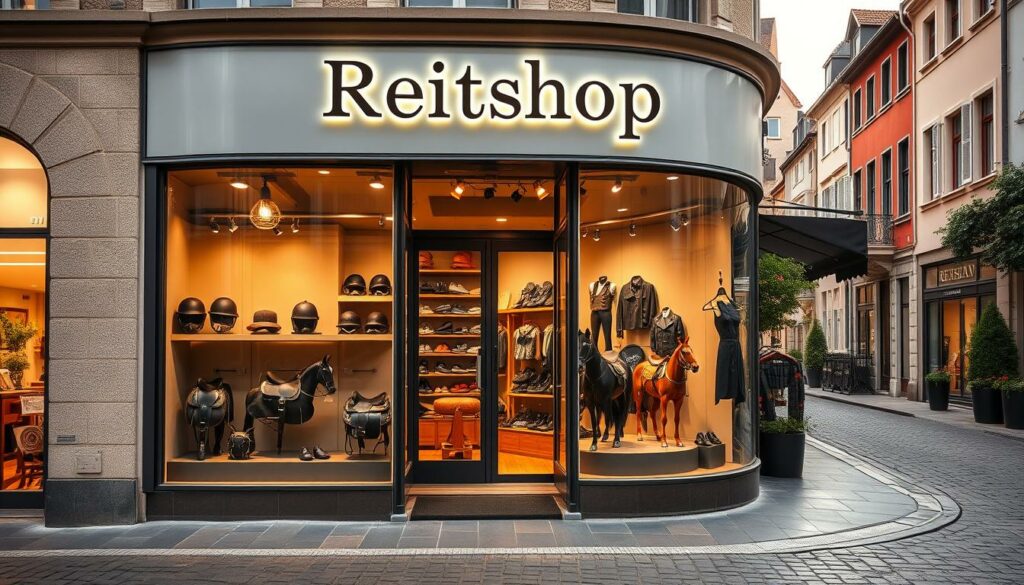 A well-lit, high-resolution photograph of the exterior of Reitshop Magdeburg, a modern and inviting equestrian equipment store located in the heart of Magdeburg, Germany. The store's facade features large display windows showcasing a curated selection of riding gear, from sleek helmets to premium saddles. The entrance is flanked by decorative wrought-iron details, creating a charming, old-world ambiance. The scene is set against a backdrop of a picturesque European street, with cobblestones, quaint buildings, and lush greenery, conveying a sense of tradition and heritage. The lighting is warm and natural, highlighting the store's inviting atmosphere and the quality of the merchandise on display, perfect for capturing the essence of an equestrian's dream shopping experience.
