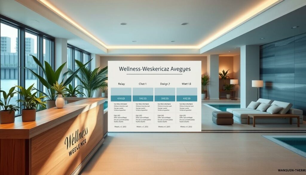 A well-lit, serene spa scene with a central display showcasing "Wellness Wochenende Angebote" - a selection of relaxing and rejuvenating weekend packages. The foreground features an elegant wooden counter with subtle branding, surrounded by lush potted plants and natural light filtering through large windows. The middle ground depicts cozy lounge areas with plush seating, soft textiles, and soothing mood lighting, inviting visitors to unwind. The background captures the tranquil atmosphere of the Westfalen-Therme, with minimalist architectural details and a calming color palette of blues, greens, and neutrals. The overall composition conveys a sense of luxury, wellness, and the perfect weekend getaway.