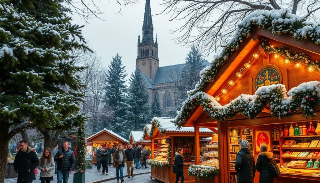 A whimsical fairy-tale forest on the Domplatz in Erfurt, Germany. In the foreground, a cozy wooden Christmas market stall selling handcrafted ornaments and treats. Families browse the stalls, children's laughter echoing through the crisp winter air. In the middle ground, a majestic cathedral towers over the scene, its spires reaching towards the sky. The background is filled with snow-dusted evergreen trees, their branches glistening under the warm glow of twinkling lights. The overall atmosphere is one of enchantment and festive cheer, inviting visitors to experience the magic of the Erfurt Christmas market.