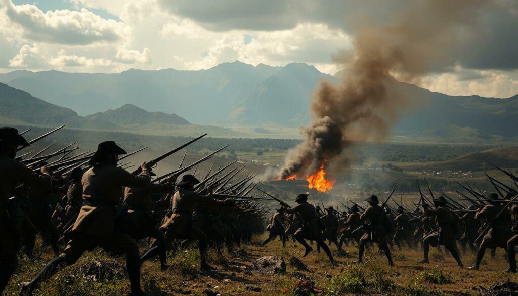 An expansive and tumultuous battlefield, the historical conflicts of Haiti are depicted in this image. In the foreground, soldiers in colonial-era uniforms clash, muskets and swords clashing in an intense skirmish. The middle ground reveals a burning village, the flames casting an ominous glow over the scene. In the distant background, towering mountains loom, their rugged peaks symbolic of the enduring struggle for independence and sovereignty. The lighting is dramatic, with deep shadows and stark contrasts, conveying the gravity and weight of the historical events. The composition is dynamic, with diagonal lines and a sense of movement, capturing the chaos and upheaval of the conflicts that have shaped Haiti's history.