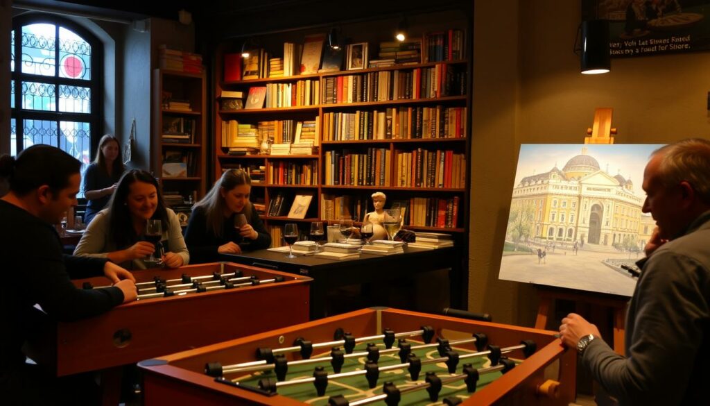An indoor scene in the historic city of Porto, Portugal, showcasing a variety of leisure activities and cultural experiences. In the foreground, a group of friends enjoys a lively game of table football, their laughter echoing through the cozy, dimly lit space. In the middle ground, a couple sips local port wine while browsing through shelves of vintage books in a quaint bookshop. Towards the back, an artist creates a vibrant painting, capturing the essence of the city's charming architecture. Warm, soft lighting casts a welcoming glow, setting the mood for a perfect indoor adventure on a chilly February day in Porto.