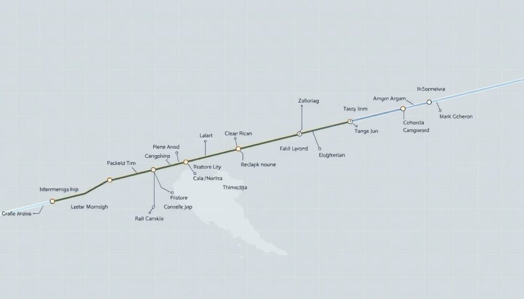 Detailed train route schedule illustration depicting the "Vienna to Croatia" rail connection. A crisp, technical diagram showcasing the journey's path, key station stops, and departure/arrival times. Set against a clean, minimalist background with a subtle grid pattern to convey a sense of structure and organization. Rendered in a muted, professional color palette with clear typography for easy readability. Precise technical angles and perspectives to provide a comprehensive overview of the transportation network. Subtle ambient lighting to enhance the legibility and precision of the informational elements.