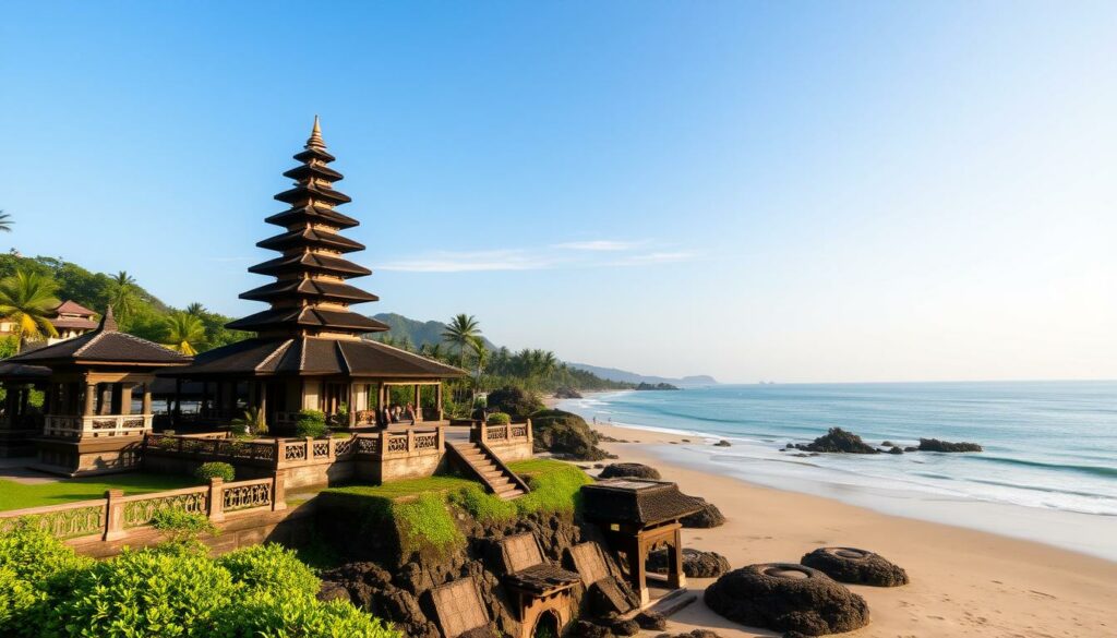 Ein Bild von Bali mit Tempel und Strand