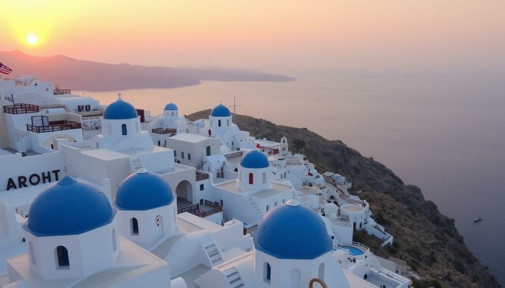 Ein Bild von Santorini mit Blick auf die weißen Häuser und blauen Kuppeln
