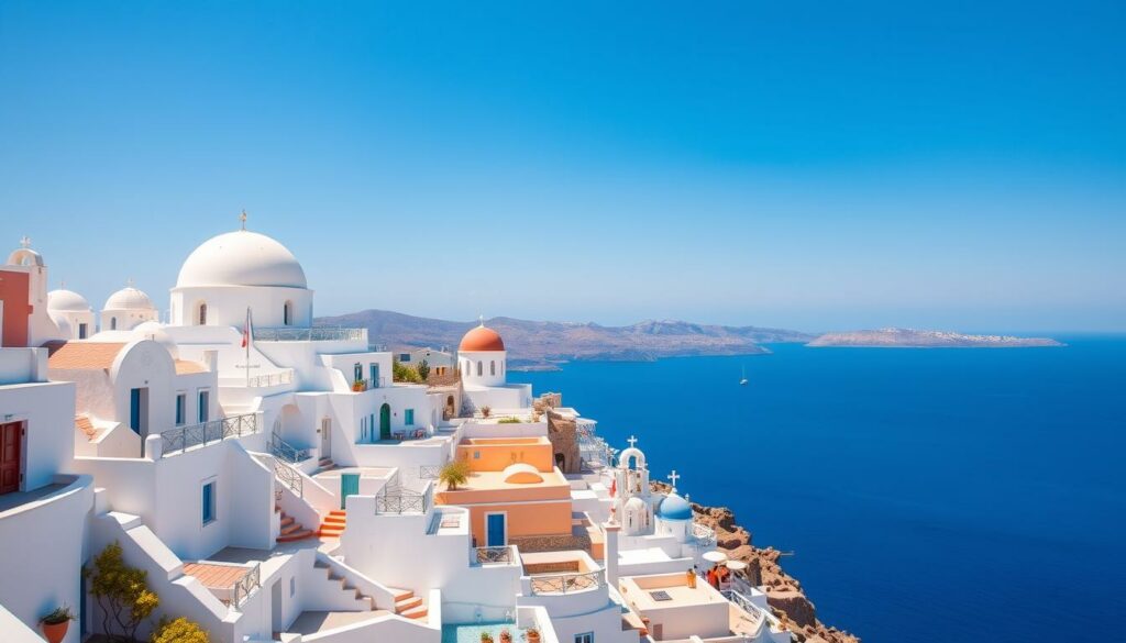 Ein Bild von Santorini mit seinen charakteristischen weißen Häusern