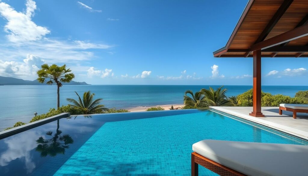 Ein Bild von einem Luxus-Resort auf Koh Samui mit privatem Pool und Meerblick