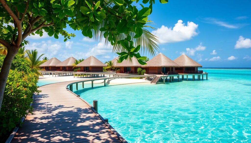 Ein Bild von einem Luxus-Resort auf den Malediven mit Overwater-Bungalows.