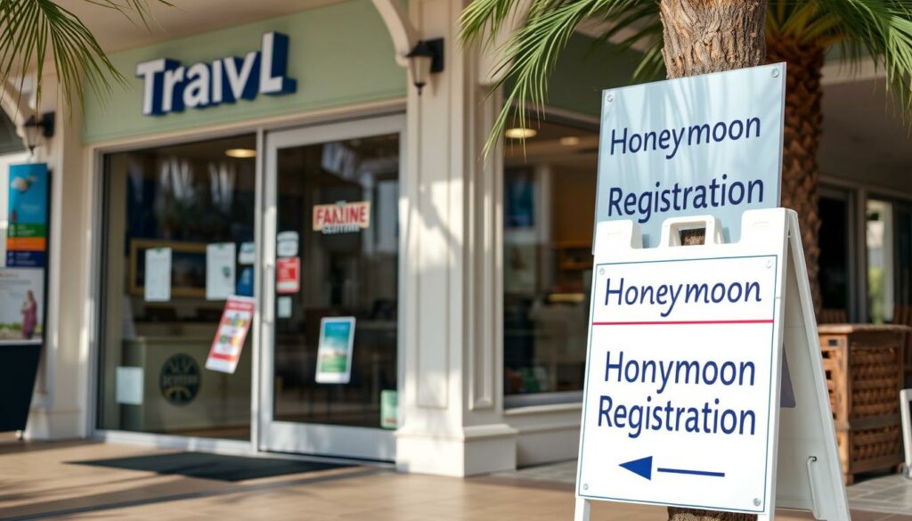 Ein Bild von einem Reisebüro mit einem "Hochzeitsreise-Registrierung" Schild