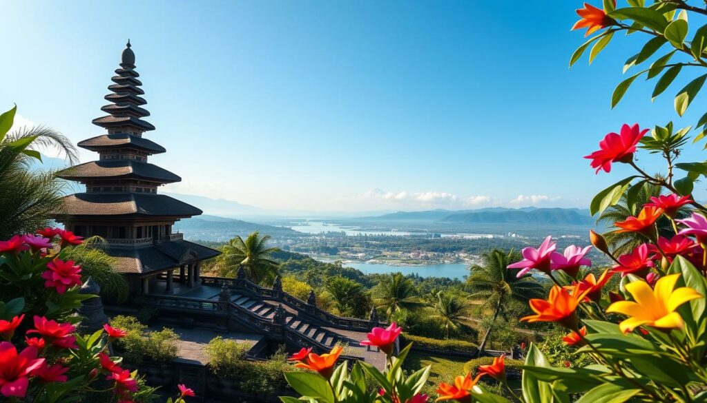 Ein Bild von einem Tempel in Bali mit einer atemberaubenden Aussicht.