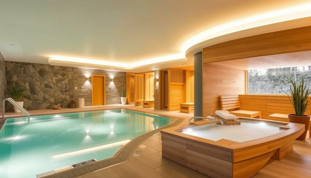 Ein Bild von einem Wellness-Hotel im Allgäu mit einem Spa-Bereich und einer Saunalandschaft