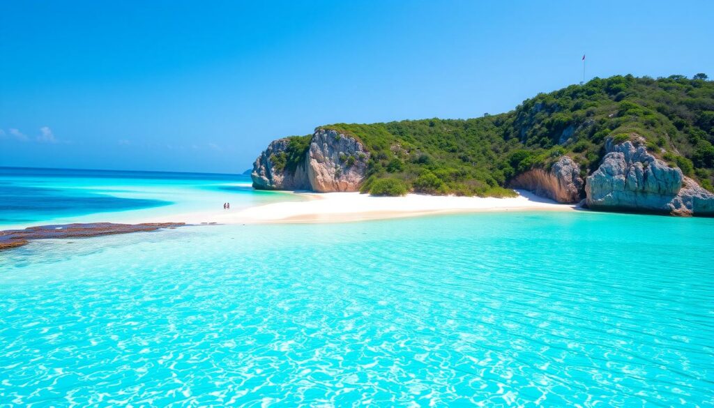 Ein Bild von einem türkisfarbenen Strand mit weißen Sand und klaren Wassern