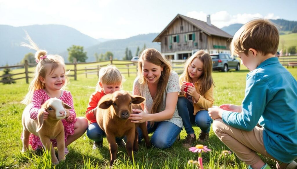 Ein Bild von einer Familie, die im Stanglwirt Kinderbauernhof spielt