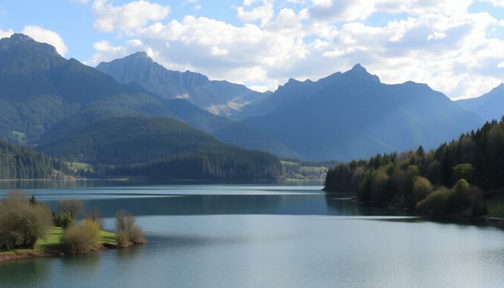 Ein Bild von einer bayerischen Landschaft mit einem See und umliegenden Bergen