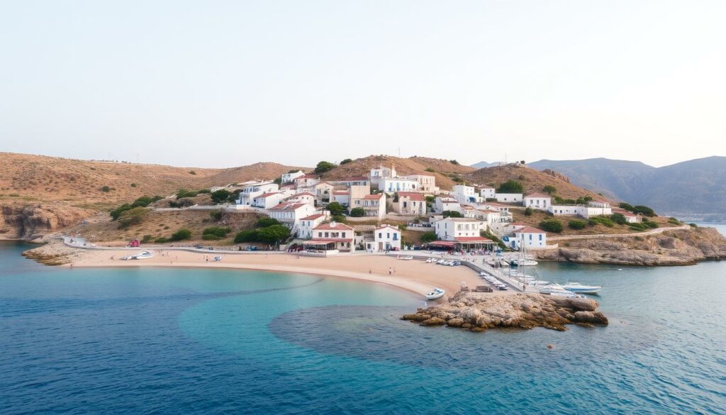 Ein Bild von einer griechischen Insel mit Strand und Dorf