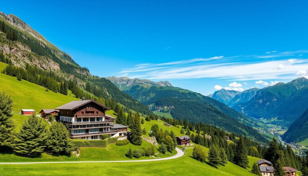Ein Bild von einer idyllischen Schweizer Landschaft mit einem Wellnesshotel