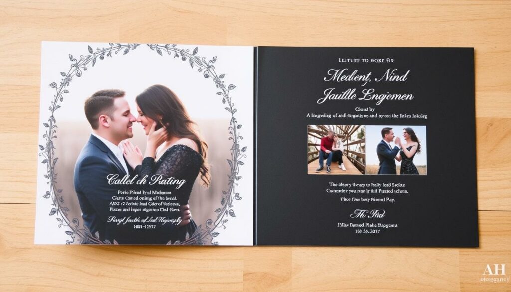 Eine Hochzeitseinladungskarte mit Fotos der Verlobungsserie