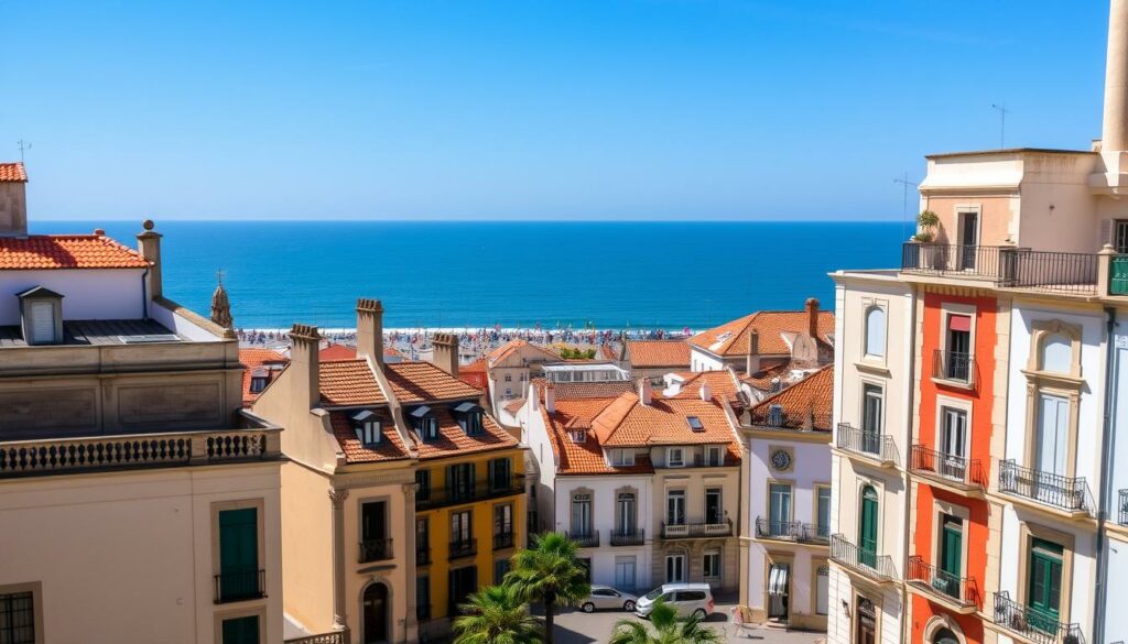 Eine Stadtansicht von Cádiz mit historischen Gebäuden und dem Meer im Hintergrund.