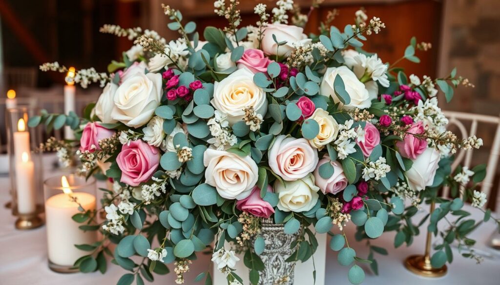 Erstellen Sie eine inspirierende Hochzeitsdekoration mit Blumen und Eukalyptus