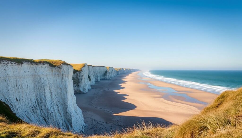 Generiere ein Bild von der Normandie-Küste mit spektakulären Kreidefelsen und endlosen Stränden.