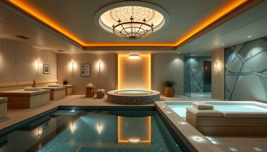 Generiere ein Bild von einem luxuriösen Wellnessbereich in einem bayerischen Hotel
