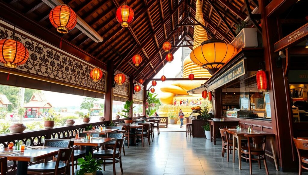 Generiere ein Bild von einem thailändischen Restaurant in der Nähe des Big Buddha Tempels