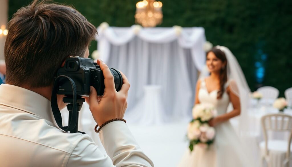 Generieren Sie ein Bild von einem Hochzeitsfotografen, der ein Brautpaar während der Hochzeitsfeier fotografiert