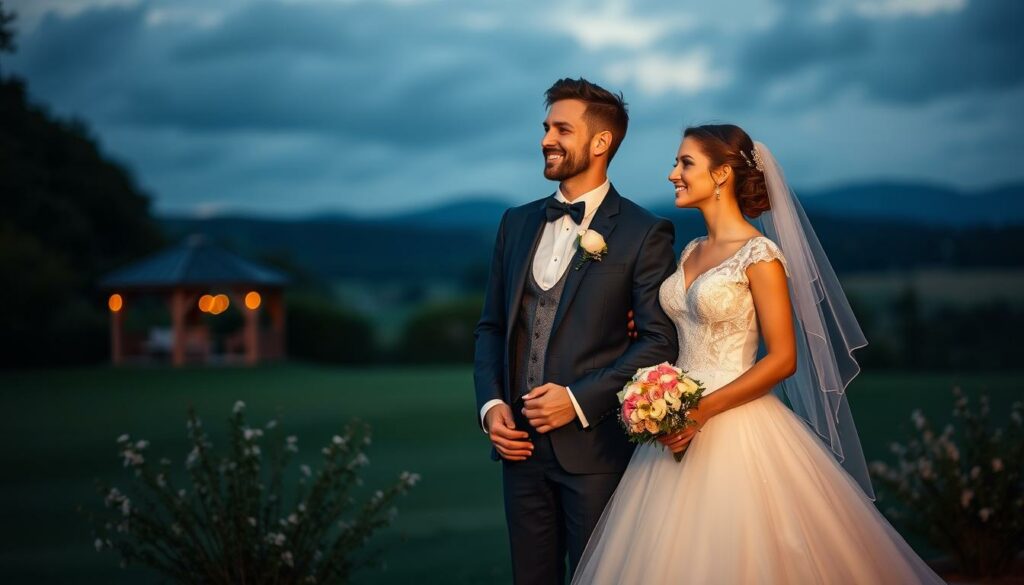 Generieren Sie ein Bild von einer Braut und einem Bräutigam in Hochzeitskleidung