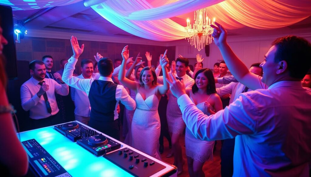 Generieren Sie ein Bild von einer lebendigen Hochzeitsfeier mit DJ und tanzenden Gästen