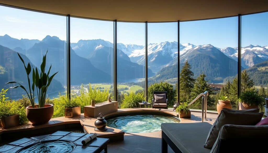 Image of a serene spa scene at Stanglwirt with a view of the Wilder Kaiser mountains