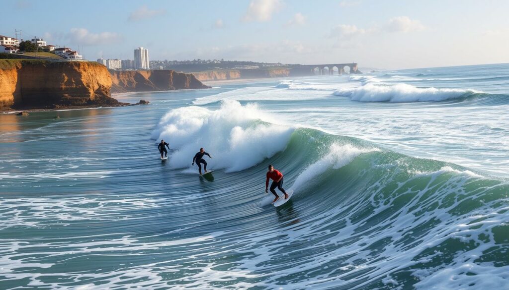 Image of surfers riding waves at Biarritz