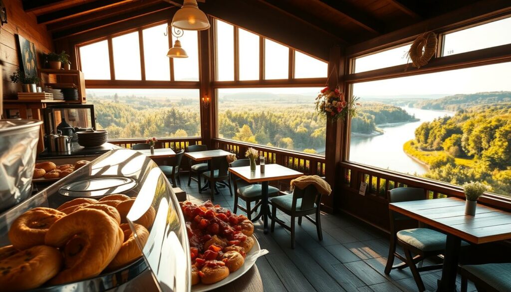 Kulinarische Spezialitäten am Focker Strom, a serene riverside cafe on the island of Rügen. In the foreground, a tempting display of freshly baked pastries and hearty local dishes, their aromas wafting through the air. The middle ground showcases the charming wooden interior, with cozy seating areas and large windows offering panoramic views of the tranquil, winding river. In the background, the lush greenery of the surrounding forests sets the scene, bathed in the warm, golden light of the afternoon sun. The atmosphere is one of rustic elegance, inviting guests to indulge in the culinary delights and soak in the peaceful ambiance of this picturesque Rügen landmark.