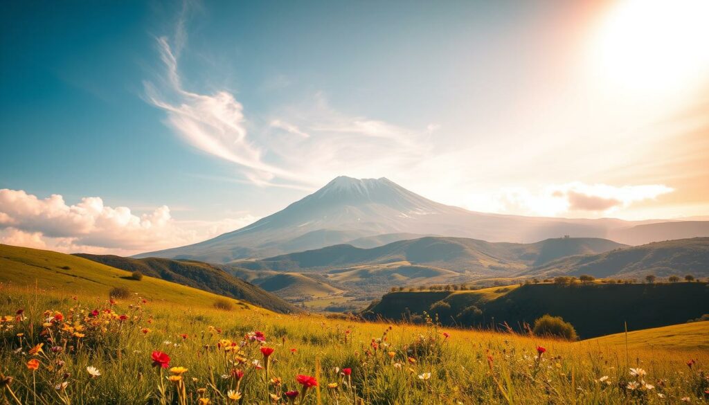 Majestic Mount Ararat rises above a breathtaking landscape in the Ararat region of Armenia. In the foreground, a lush meadow dotted with vibrant wildflowers sways in the gentle breeze. Rolling hills covered in verdant foliage form the middle ground, leading the eye towards the towering, snow-capped peak of the iconic mountain in the distance. Warm, golden sunlight filters through wispy clouds, casting a serene, picturesque glow over the entire scene. This idyllic pastoral setting showcases the natural beauty and tranquility that define one of Armenia's most stunning and culturally significant regions.