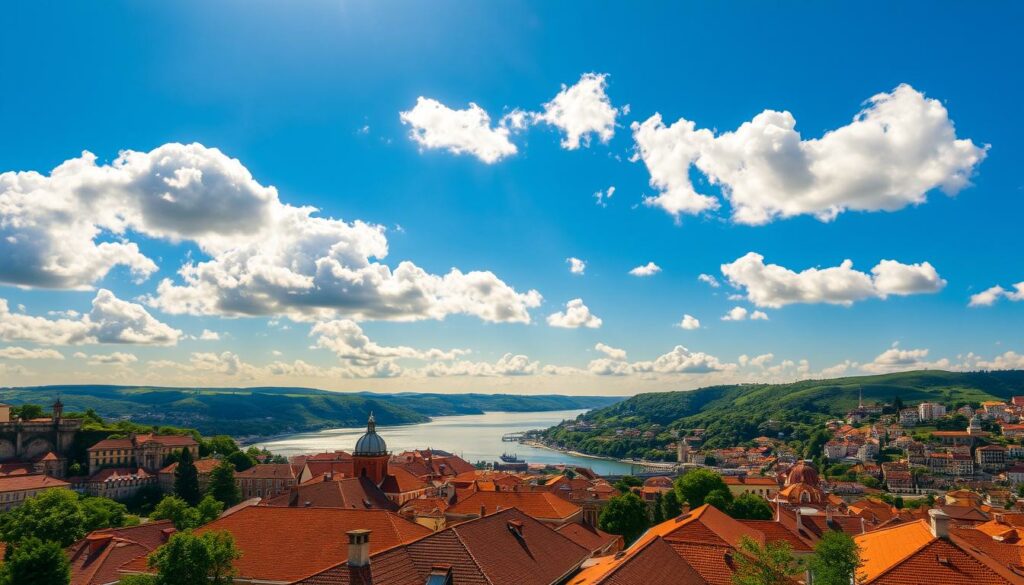 Prompt A picturesque scene of Porto, Portugal in August. In the foreground, a vibrant blue sky dotted with fluffy white clouds, casting a warm glow over the city. In the middle ground, the iconic red-roofed buildings and historic landmarks of Porto's charming old town, basking in the golden sunshine. In the background, the sparkling Douro River winds its way through the lush, verdant hills. The temperature is a comfortable 25°C, and the sun shines brightly for 9 hours a day, creating an idyllic setting for a perfect summer getaway. The overall mood is one of tranquility, relaxation, and the enjoyment of Porto's Mediterranean climate. Prompt A picturesque scene of Porto, Portugal in August. In the foreground, a vibrant blue sky dotted with fluffy white clouds, casting a warm glow over the city. In the middle ground, the iconic red-roofed buildings and historic landmarks of Porto's charming old town, basking in the golden sunshine. In the background, the sparkling Douro River winds its way through the lush, verdant hills. The temperature is a comfortable 25°C, and the sun shines brightly for 9 hours a day, creating an idyllic setting for a perfect summer getaway. The overall mood is one of tranquility, relaxation, and the enjoyment of Porto's Mediterranean climate.