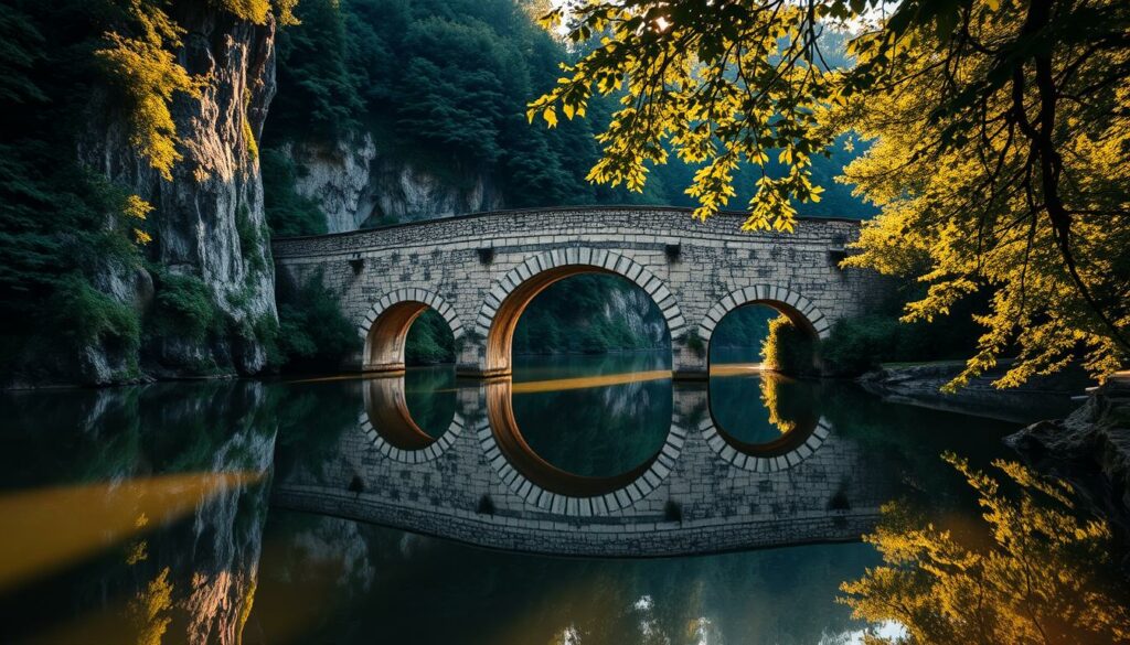 Rakotzbrücke, a fairytale-like stone arch bridge nestled in the lush Kromlauer Park, Germany. The iconic structure's reflection creates a mesmerizing circular motif, mirrored in the still waters below. Towering cliffs and dense, verdant foliage frame the scene, casting dramatic shadows that accentuate the bridge's intricate masonry. Warm, golden sunlight filters through the trees, illuminating the weathered stone and creating a serene, almost magical atmosphere. Capture this enchanting landscape in a wide-angle, high-resolution image with a shallow depth of field, emphasizing the dreamlike quality of the Rakotzbrücke.