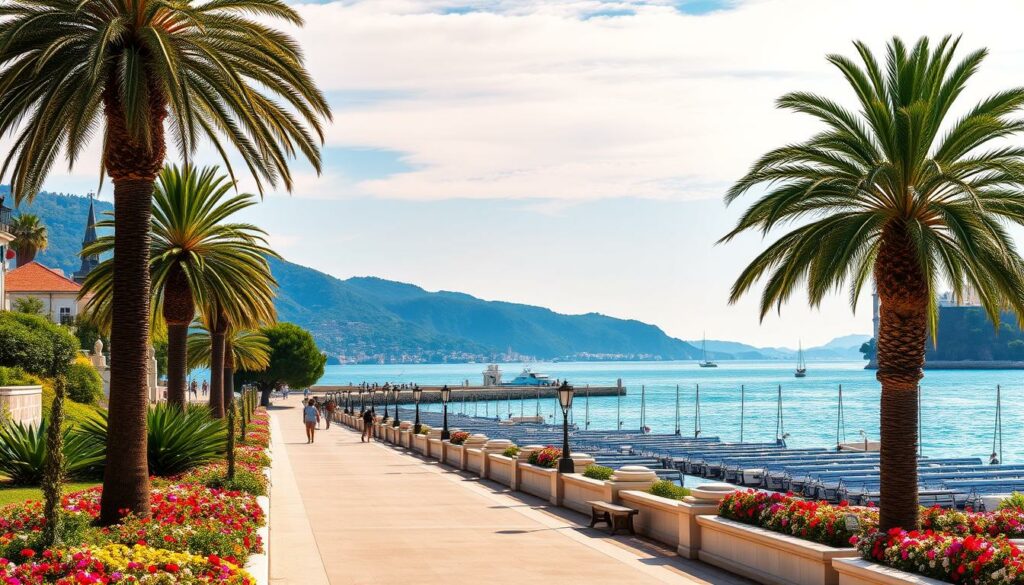 Scenic Opatija: A Picturesque Coastal Promenade A breathtaking seaside panorama, the Lungomare promenade in Opatija stretches along the Adriatic coastline, flanked by lush, verdant hills and elegant Austro-Hungarian villas. Vibrant floral gardens line the walkway, their colorful blooms complementing the azure waters. Stately palm trees sway gently in the sea breeze, casting dappled shadows on the promenade. Capture the elegant architecture of the historic Villa Angiolina, its neoclassical façade and ornate balconies reflected in the calm harbor waters. Distant church spires pierce the horizon, silhouetted against a warm, golden sky. Convey the serene, refined atmosphere of this premier Croatian resort town, a true gem of the Kvarner Riviera.