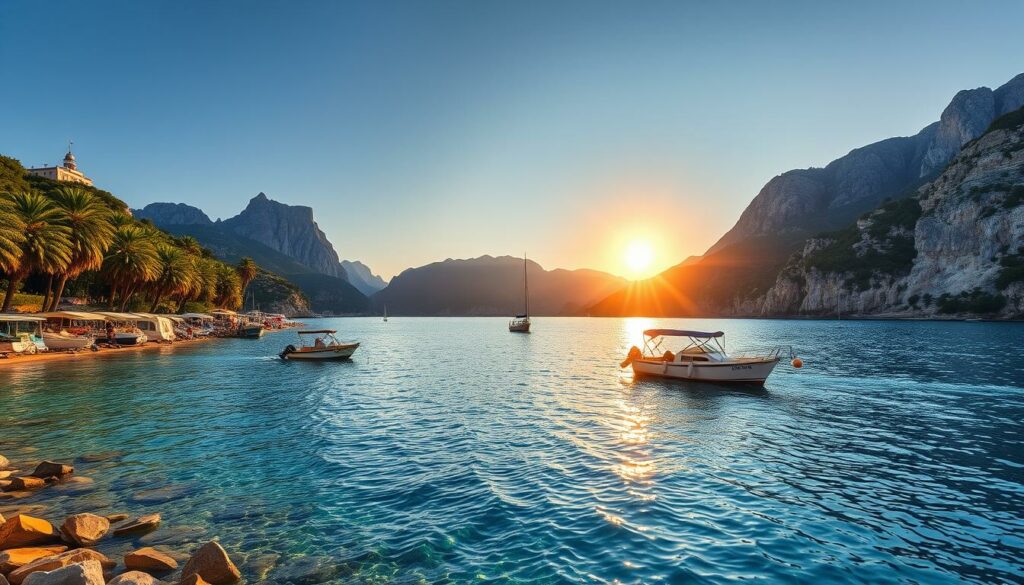 Stunning azure waters of the Makarska Riviera, lapped by golden sand beaches nestled between rugged cliffs. Lush palm trees sway gently in the warm Mediterranean breeze. Picturesque fishing boats bob on the calm sea, their vibrant colors reflected on the surface. The sun casts a warm, golden glow, illuminating the scene with a serene, dreamlike atmosphere. Dramatic mountains rise in the distance, their jagged peaks cutting a majestic silhouette against the clear sky. Capture the alluring natural beauty and tranquil ambiance of this Croatian coastal paradise.