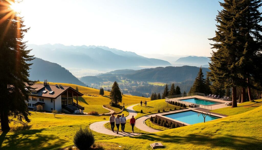 Wellness und Aktivurlaub im Allgäu: a breathtaking landscape of rolling hills, lush alpine meadows, and majestic snow-capped peaks bathed in warm, golden light. In the foreground, a luxurious spa retreat nestled among towering pines, its modern architecture seamlessly blending with the natural surroundings. Guests stroll along a winding path, towels in hand, heading towards an outdoor thermal pool where they can soak in the rejuvenating mineral-rich waters. In the middle ground, hikers and cyclists explore the network of trails, immersed in the serene beauty of the Allgäu region. The background reveals a panoramic vista of the Bavarian Alps, their rugged silhouettes casting long shadows across the peaceful valley below. The overall mood is one of tranquility, wellness, and active adventure, perfectly capturing the essence of this picturesque destination.