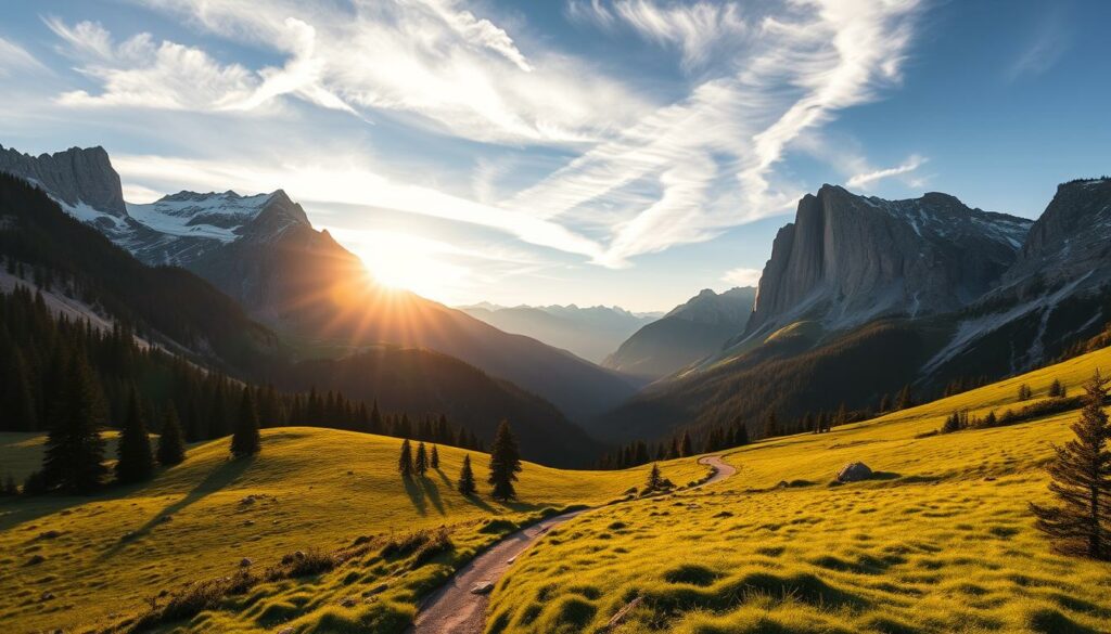 A breathtaking panorama of the UNESCO-protected Alpine landscapes, captured under the warm glow of the golden hour. In the foreground, a winding trail meanders through lush meadows, flanked by towering, snow-capped peaks that rise majestically into the distance. Evergreen forests and rugged rock formations frame the scene, creating a sense of timeless, untamed beauty. Wispy clouds drift across the azure sky, casting soft shadows over the undulating terrain. The image conveys a serene, contemplative atmosphere, inviting the viewer to immerse themselves in the tranquility of these protected natural wonders.