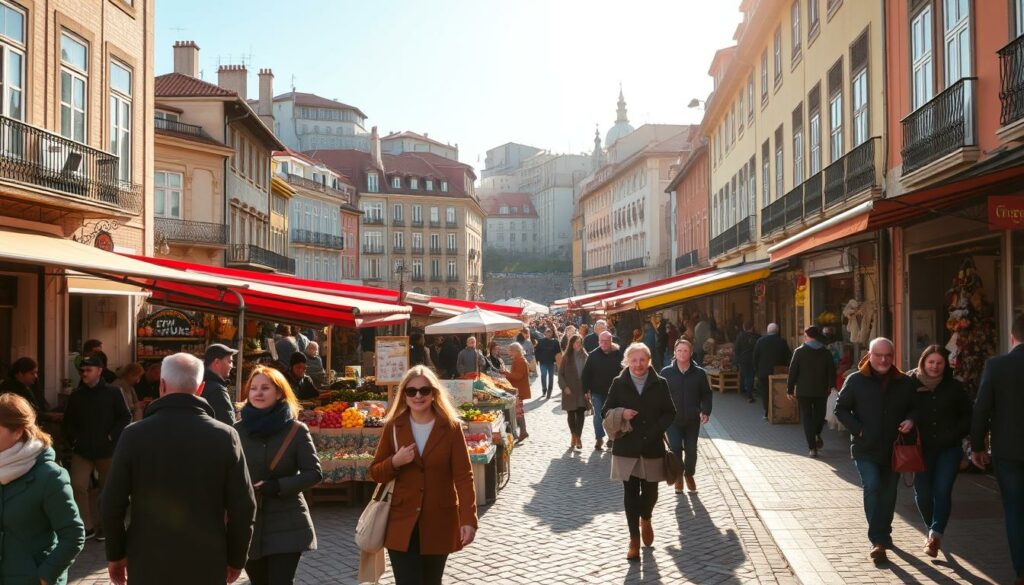 A bustling city scene in Porto, Portugal during a sunny January day. In the foreground, people stroll along the charming cobblestone streets, browsing local shops and cafes. Middle-ground features lively outdoor markets with vibrant produce and handcrafted wares. In the background, historic buildings with colorful facades and terracotta roofs line the streets, creating a warm, inviting atmosphere. Warm sunlight casts a golden glow, highlighting the energy and activity of the city. A sense of exploration and discovery pervades the scene, capturing the essence of discovering Porto in the winter.
