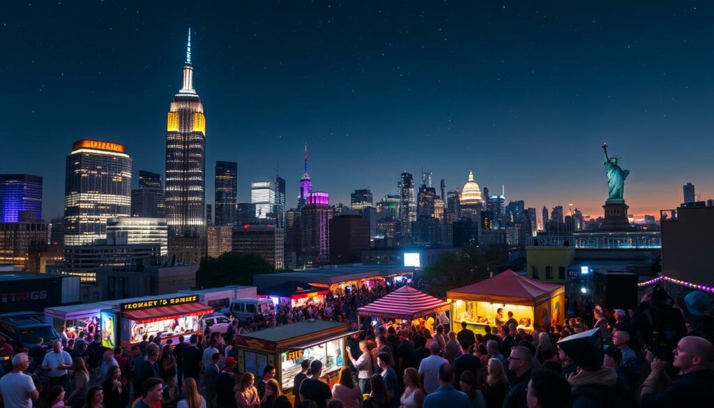 A bustling city skyline at night, the iconic skyscrapers of New York City illuminated against a starry sky. In the foreground, a lively crowd gathers for a vibrant festival, people spilling out onto the streets, music and laughter filling the air. Colorful lights and decorations adorn the buildings, creating a festive atmosphere. In the middle ground, food trucks and vendor stalls offer a tantalizing array of local cuisines, while street performers captivate the audience. The background features landmarks like the Empire State Building and the Statue of Liberty, serving as a backdrop to the energetic celebration. The scene conveys the endless excitement and energy of New York's event and festival culture.